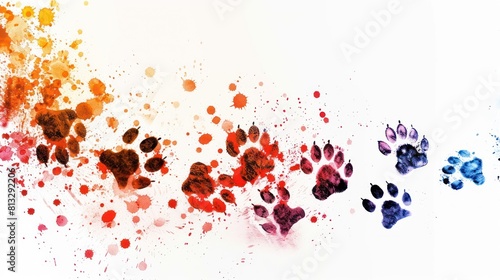 A footprints, paw print path Dog paws. Kitten. Paw prints of bright colors of animals, silhouettes on a white background.