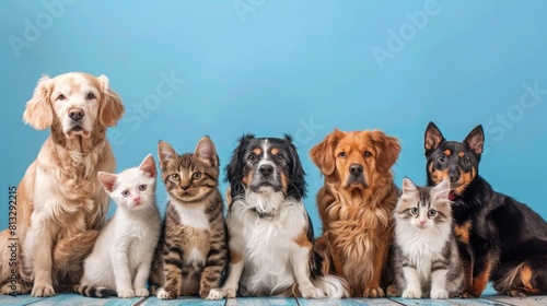 Large group of cats and dogs looking at the camera on blue background