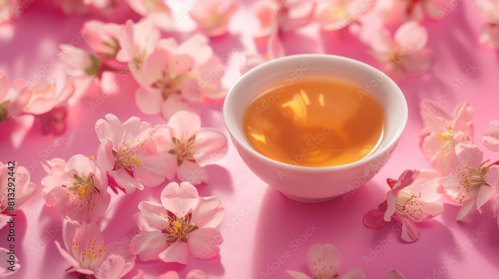 Chinese Tea with background of pink flowers Chinese Tea with background of pink flowers