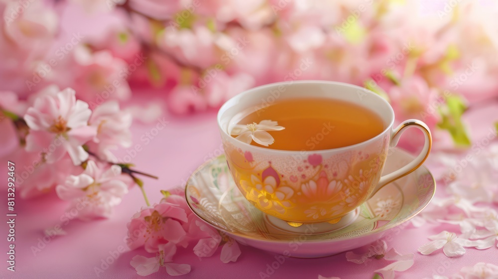 Chinese Tea with background of pink flowers Chinese Tea with background of pink flowers
