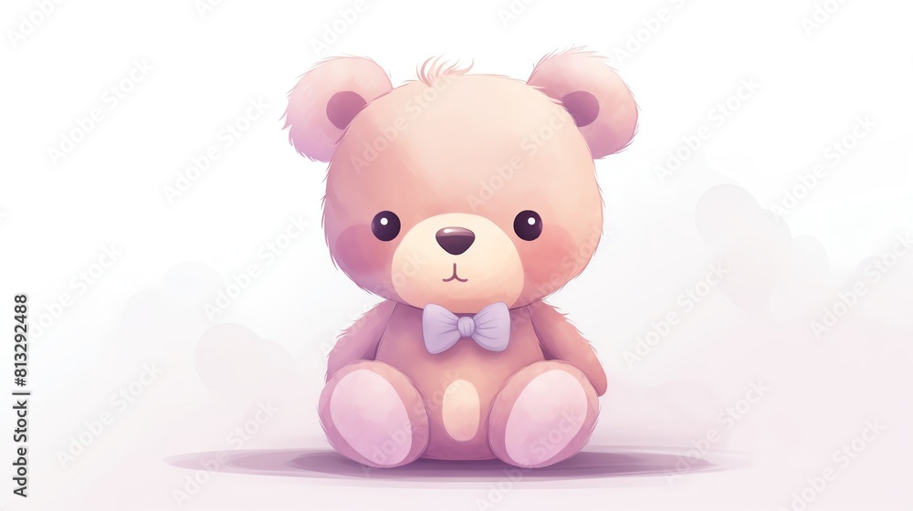A cute cartoon teddy bear. The bear should be sitting down with a big smile on its face. It should be wearing a blue bow tie. The background should be a very light pink. A cute cartoon teddy bear. The bear should be sitting down with a big smile on its face. It should be wearing a blue bow tie. The background should be a very light pink.