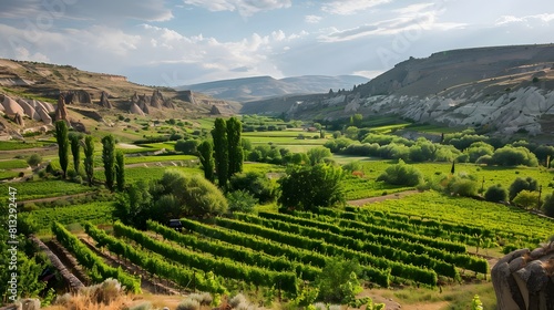 The lush green valleys and terraced vineyards of Cappadocia's Ihlara Valley, carved by the Melendiz River over millions of years. photo