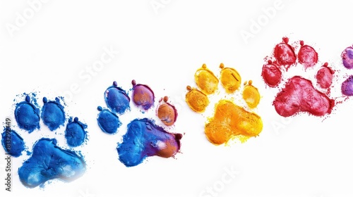 A footprints, paw print path Dog paws. Kitten. Paw prints of bright colors of animals, silhouettes on a white background.