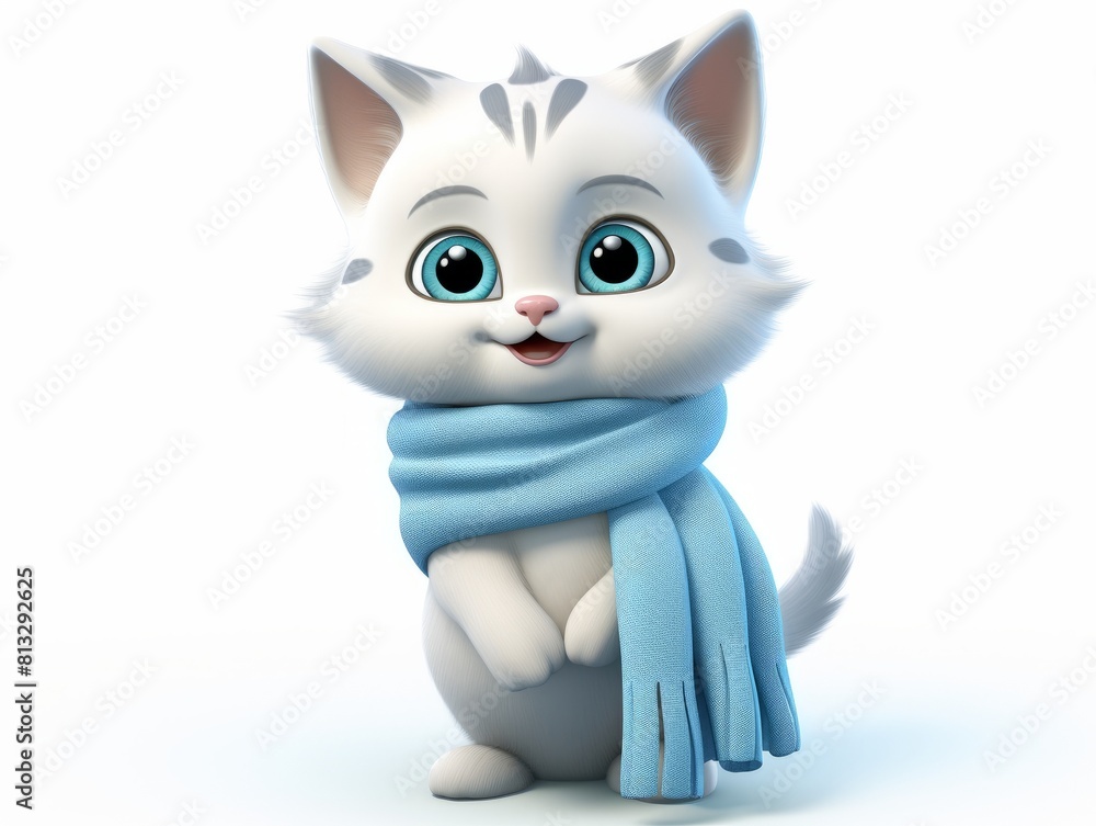 3D cartoon imitation cat icon wearing a blue scarf against a white background 3D cartoon imitation cat icon wearing a blue scarf against a white background