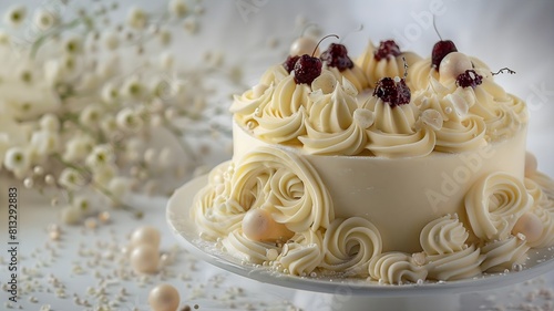  A beautifully crafted vanilla ice cream cake adorned with intricate swirls and delicate toppings.  