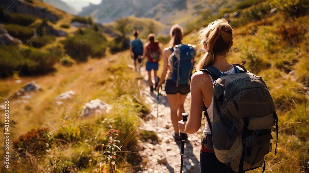 People hiking in the mountains. They are wearing backpacks and carrying hiking poles. The view is from behind.