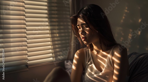 A Domestic violence: Asian woman sitting depressed alone in bedroom Feeling sad and disappointed in love In a dark bedroom and sunlight from the window coming through the blinds. Free Download A Domestic violence: Asian woman sitting depressed alone in bedroom Feeling sad and disappointed in love In a dark bedroom and sunlight from the window coming through the blinds. - GFXLoad