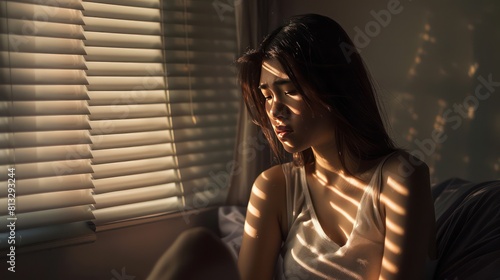 A Domestic violence: Asian woman sitting depressed alone in bedroom Feeling sad and disappointed in love In a dark bedroom and sunlight from the window coming through the blinds.