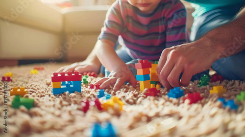 Dad and child playing with building blocks on the floor, focus on hands and blocks