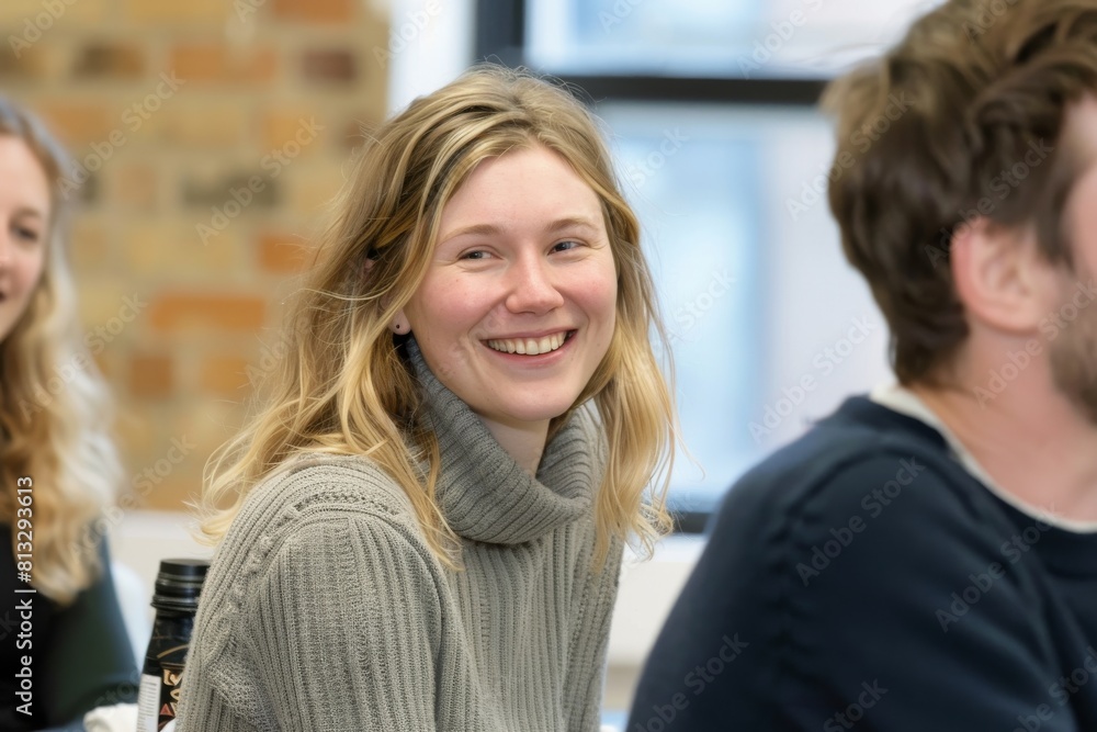 Portrait of a smiling young woman looking at the camera with her friends in the background Portrait of a smiling young woman looking at the camera with her friends in the background