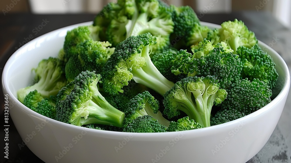 A bowl of steamed broccoli, highlighting its tenderness and bright green hue. A bowl of steamed broccoli, highlighting its tenderness and bright green hue.