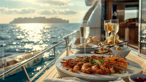 Exquisite seafood platter served on a yacht with sparkling wine, overlooking the ocean at sunset.