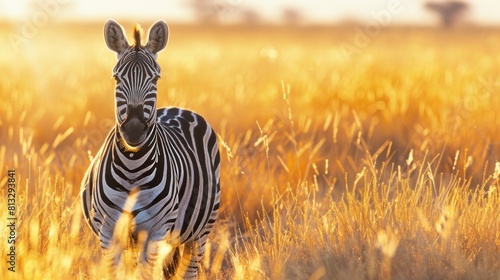 A zebra stands in a field of tall grass