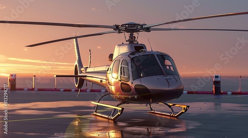 A business helicopter with a polished appearance and streamlined design. Luxurious aesthetic backdrop. Generative AI