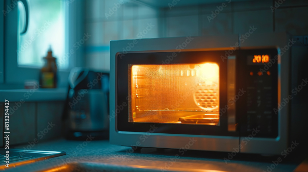 A microwave oven with a glowing light and glass door, placed in a contemporary home kitchen at night. A microwave oven with a glowing light and glass door, placed in a contemporary home kitchen at night.