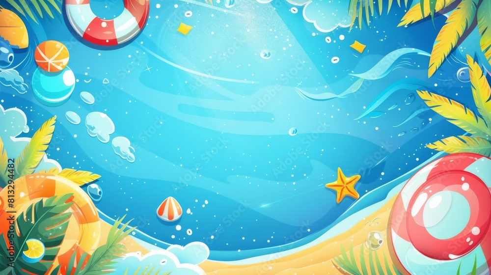 beach view seen from above, cartoon illustration, summer themed card advertising poster banner design beach view seen from above, cartoon illustration, summer themed card advertising poster banner design