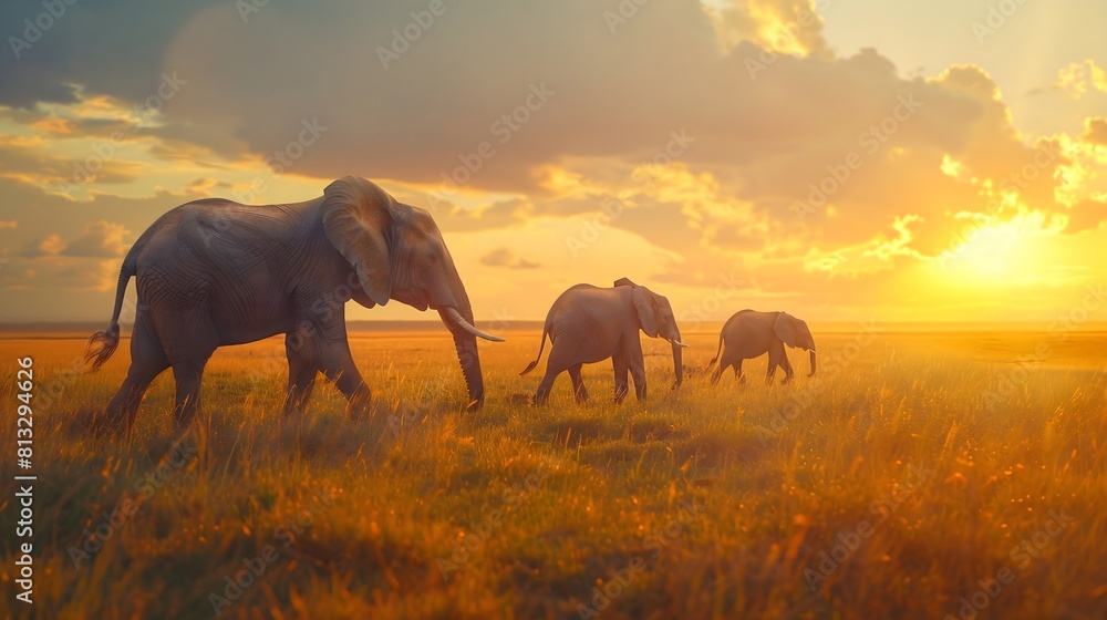 Fototapeta premium Regal elephant family strolling across an expansive savannah bathed in golden light.
