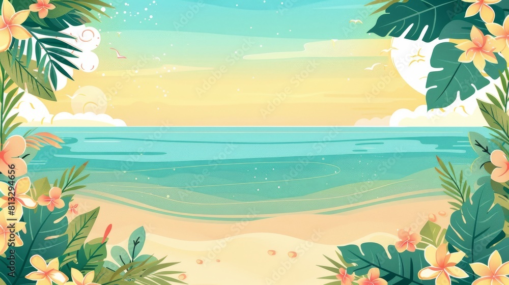 cartoon illustration of beach scene behind palm bushes, design for advertising, banner, poster, card, summer themed decoration