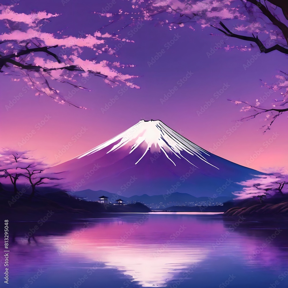 Purple snowy mountain sunset