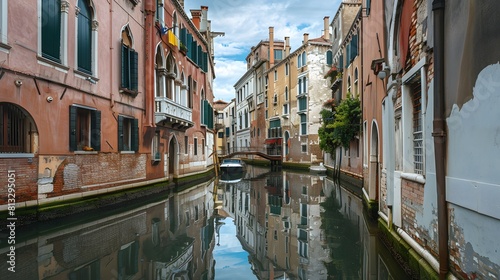 The romantic city of Venice  with its iconic canals and historic palaces reflected in the tranquil waters  surrounded by the verdant beauty of the Venetian lagoon