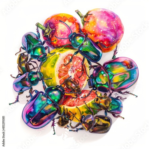  Watercolor painting of a cluster of iridescent beetles gathered around a ripe fruit  on isolated white background  Generative AI