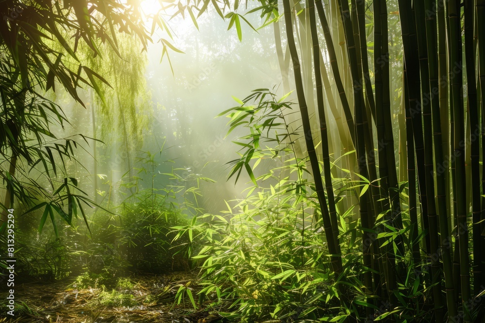 A tranquil Chinese bamboo forest with sunlight filtering through the dense foliage, creating dappled patterns on the forest floor, Generative AI