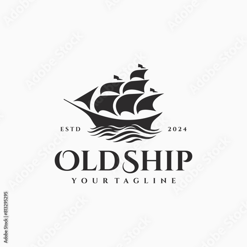 Simple Sailboat Ship in Sea Ocean Wave Sailing Travel Transport logo design
