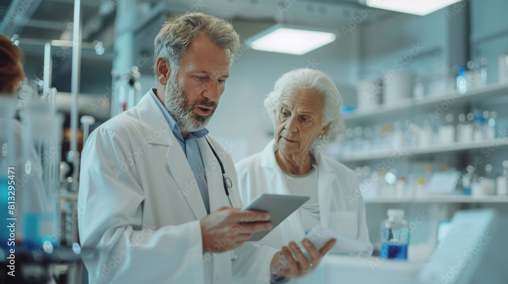 Two senior scientists, male and female, discussing data on a digital tablet in a modern laboratory. Two senior scientists, male and female, discussing data on a digital tablet in a modern laboratory.