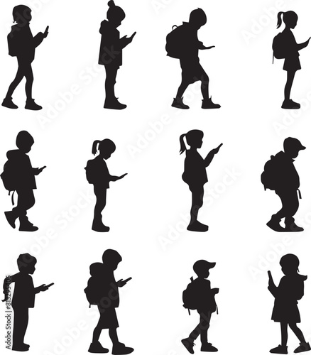 Silhouetted Children Walking with Backpacks Looking at Smartphones | Vector Illustration of Kids Using Mobile Devices