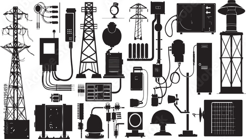Black and White Vector Illustration of Electrical Power Grid Infrastructure: Towers, Substations, and Equipment for Energy Transmission