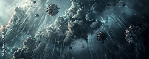 3D illustration of virus spreading through the air.