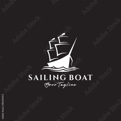 Simple Sailboat Ship in Sea Ocean Wave Sailing Travel Transport logo design