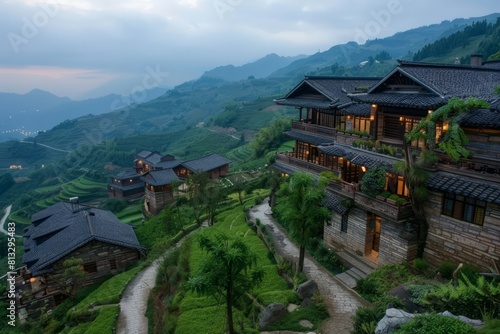 Wallpaper Mural A tranquil Chinese mountain retreat with rustic stone cottages, terraced fields, and winding mountain paths, Generative AI Torontodigital.ca