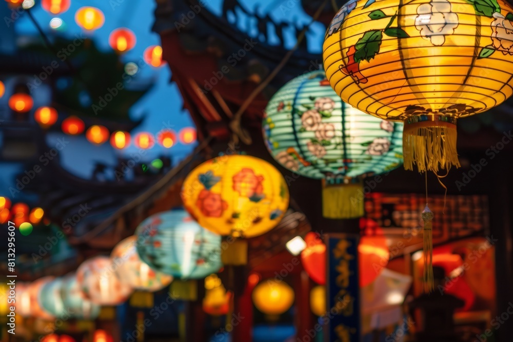Naklejka premium A vibrant Chinese lantern festival with colorful lanterns lighting up the night sky, illuminating ancient temples and city streets, Generative AI