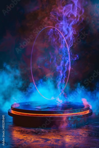 3d rendering of a podium with a glowing ring of light and smoke.