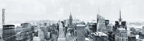 Tech-enhanced skyline top view of a city skyline augmented with tech overlays, skyline reimagined, robotic tone, black and white photo