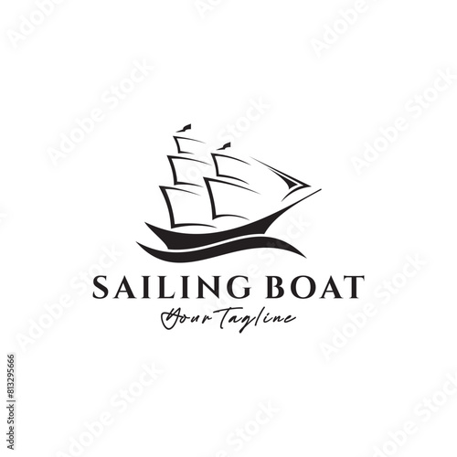 Simple Sailboat Ship in Sea Ocean Wave Sailing Travel Transport logo design
