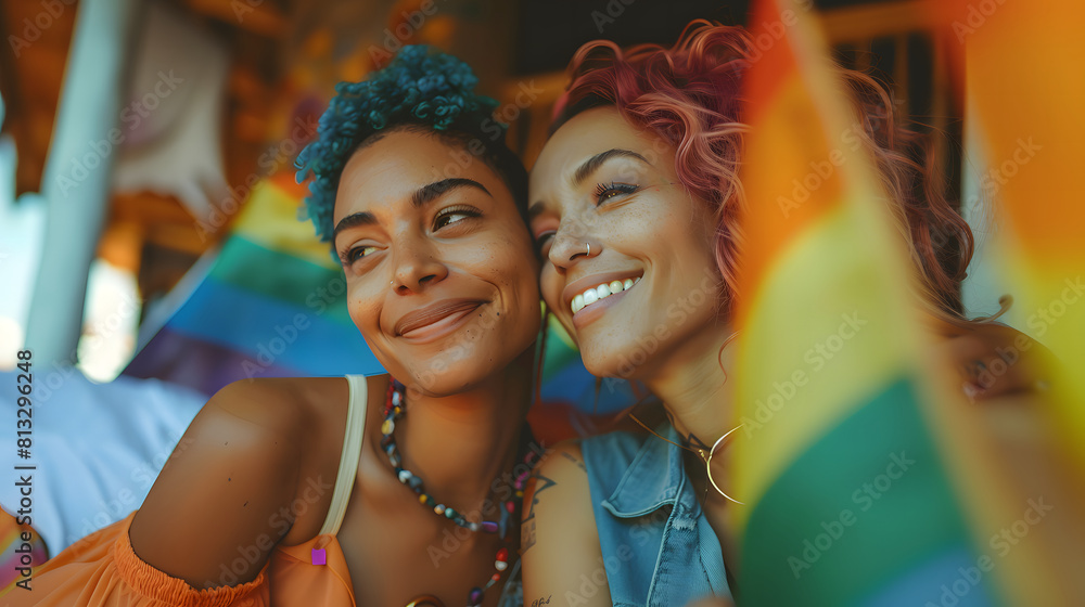Two smiling lesbian women of different races with blue and pink hair, surrounded by the gay flag in a colonial house, illuminated by natural light