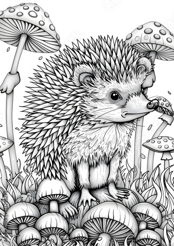 Enchanting Grayscale Coloring Book Quirky Hedgehog Adorned with Intricate Woodland Themed Organic Patterns