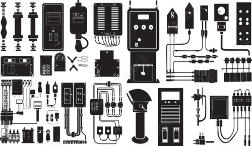 Black and White Vector Illustration of Electrical Components: Circuit Boards, Wires, and Control Panels for Engineering Schematics