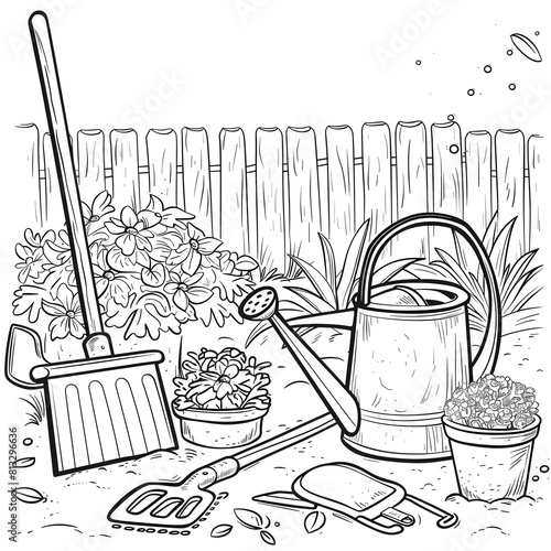 Monochrome Garden Black and White Coloring Book Pages Featuring Simple Tools for Creative Play photo