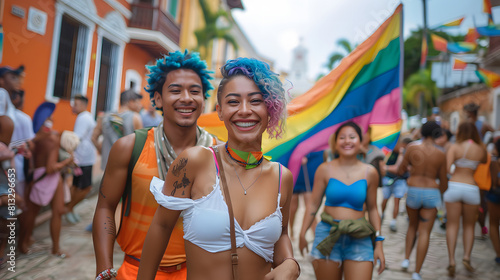 young asian woman walking along a colonial street during the gay pride march surrounded by colorful flags