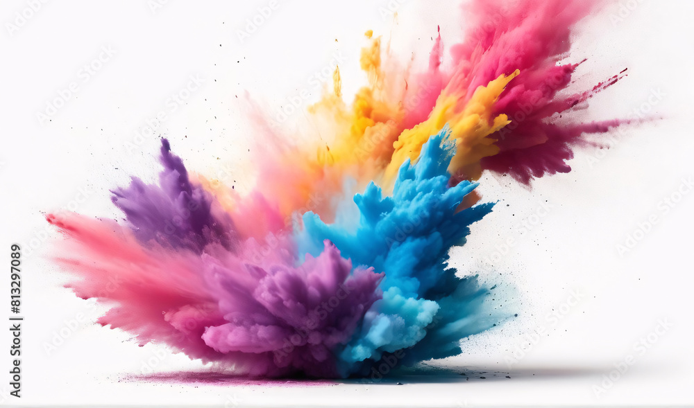 colorful powder dust explosion isolated on white background, abstract blast of blue,yellow,pink and purple colors. Ai generated