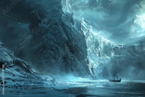 A lone boat sails on a frozen lake towards a towering, icy cliff.