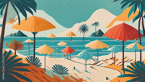 Illustration of a tropical beach scene with flat-style palm trees and beach umbrellas