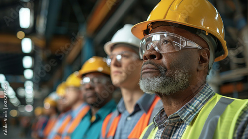 A group of multiethnic workers wearing safety gear inside an industrial plant, looking focused.