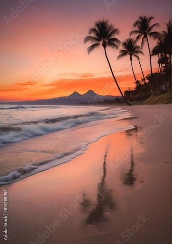 Beach palm sunset with distant mountains