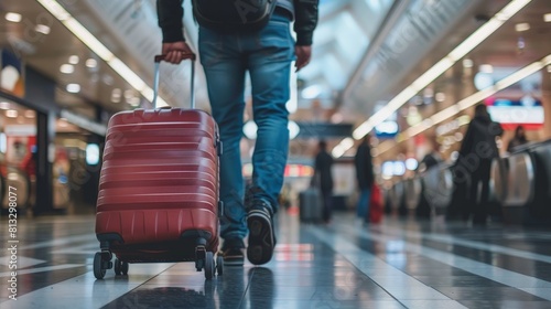 Close up of a man walking with luggage, Person walking through an airport terminal
