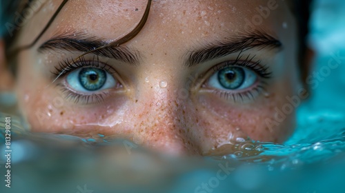 Close-up view of a young woman face partially submerged in clear water.