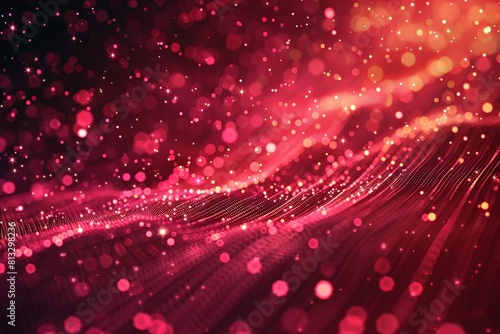 Abstract red flowing wave with pink glowing particles.